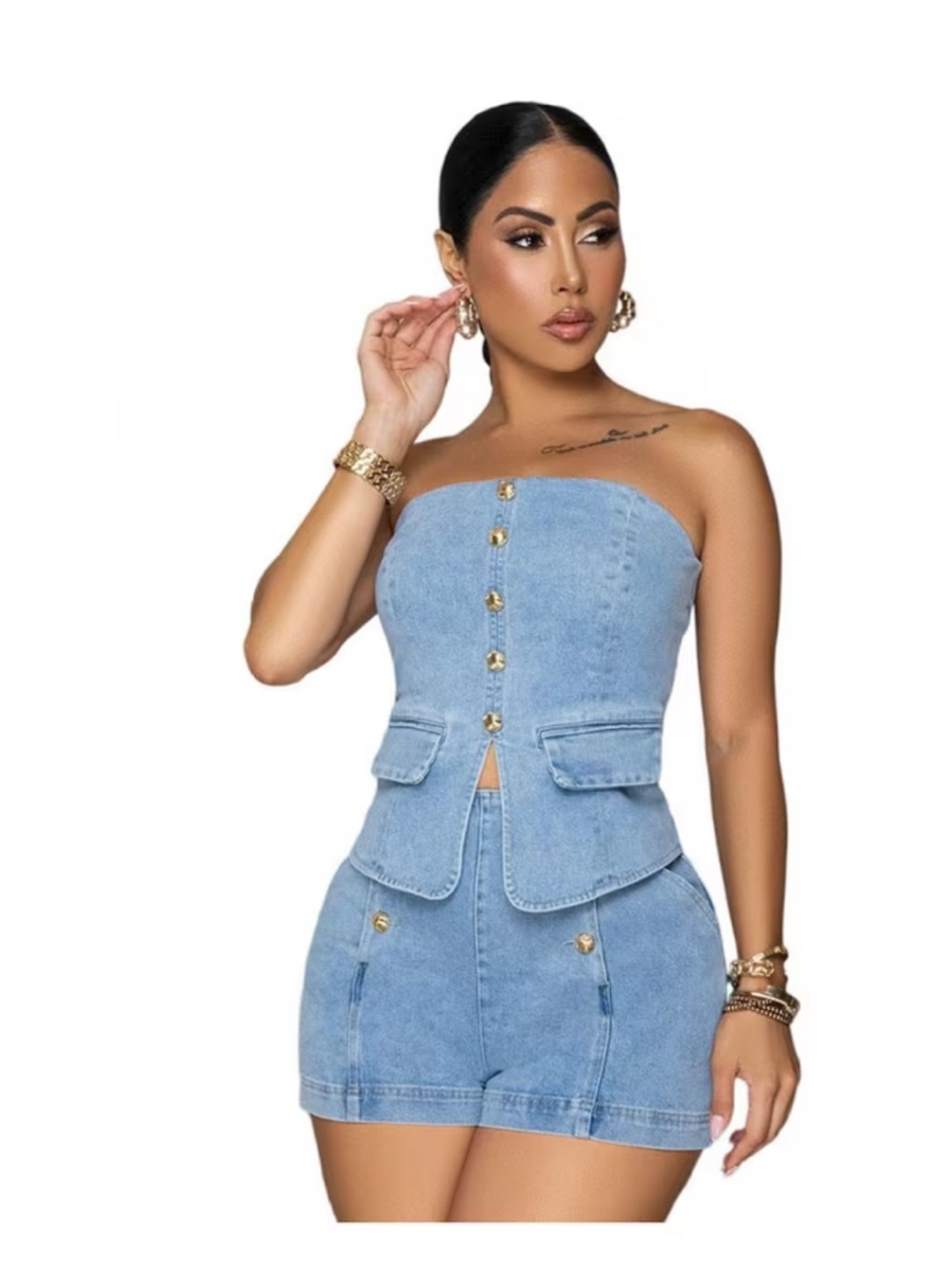 Strapless Light Blue Denim Romper with Gold Buttons size M